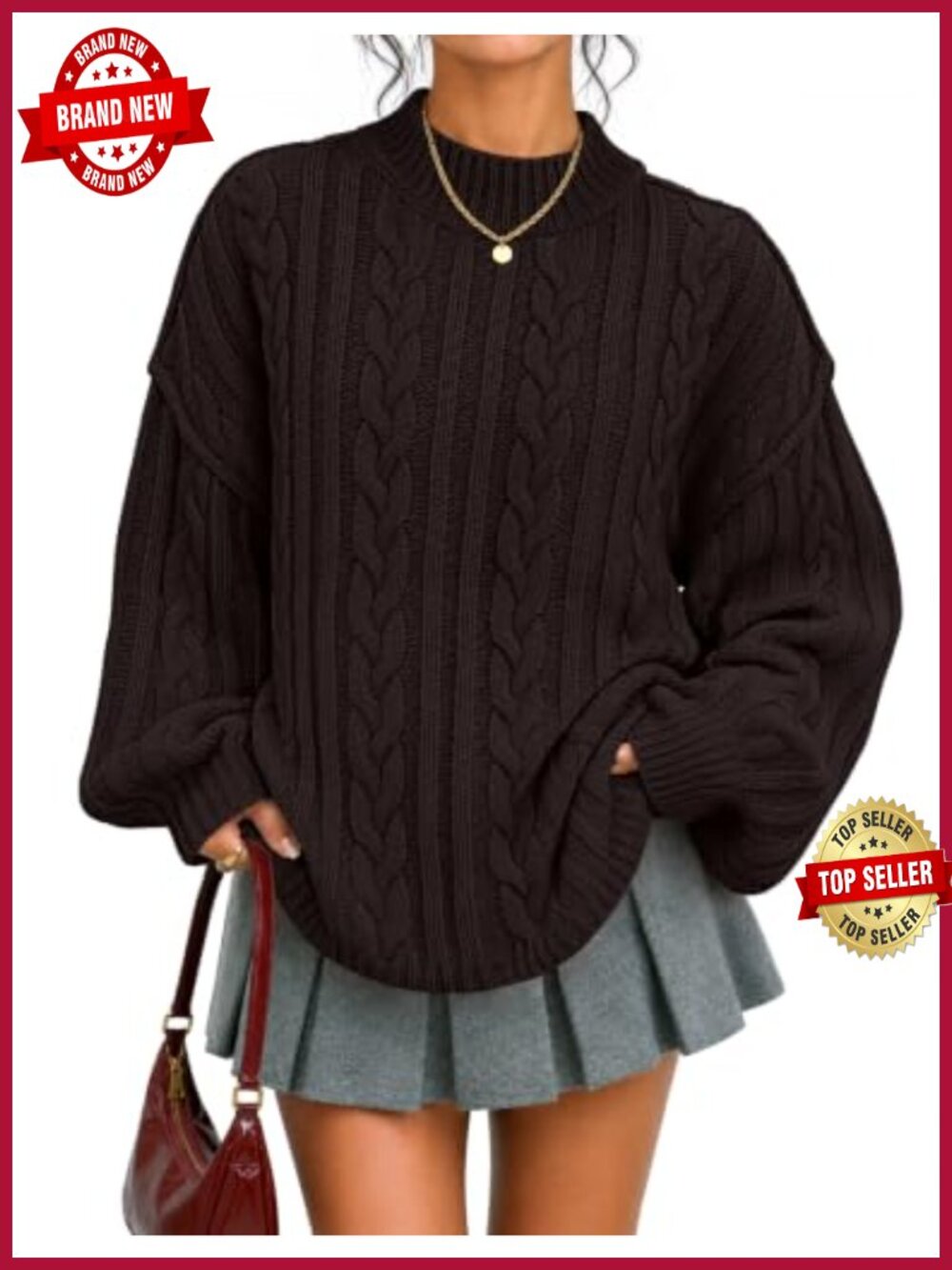 Oversized Mock Neck Cable Knit Sweater Balloon Sleeve Pullover